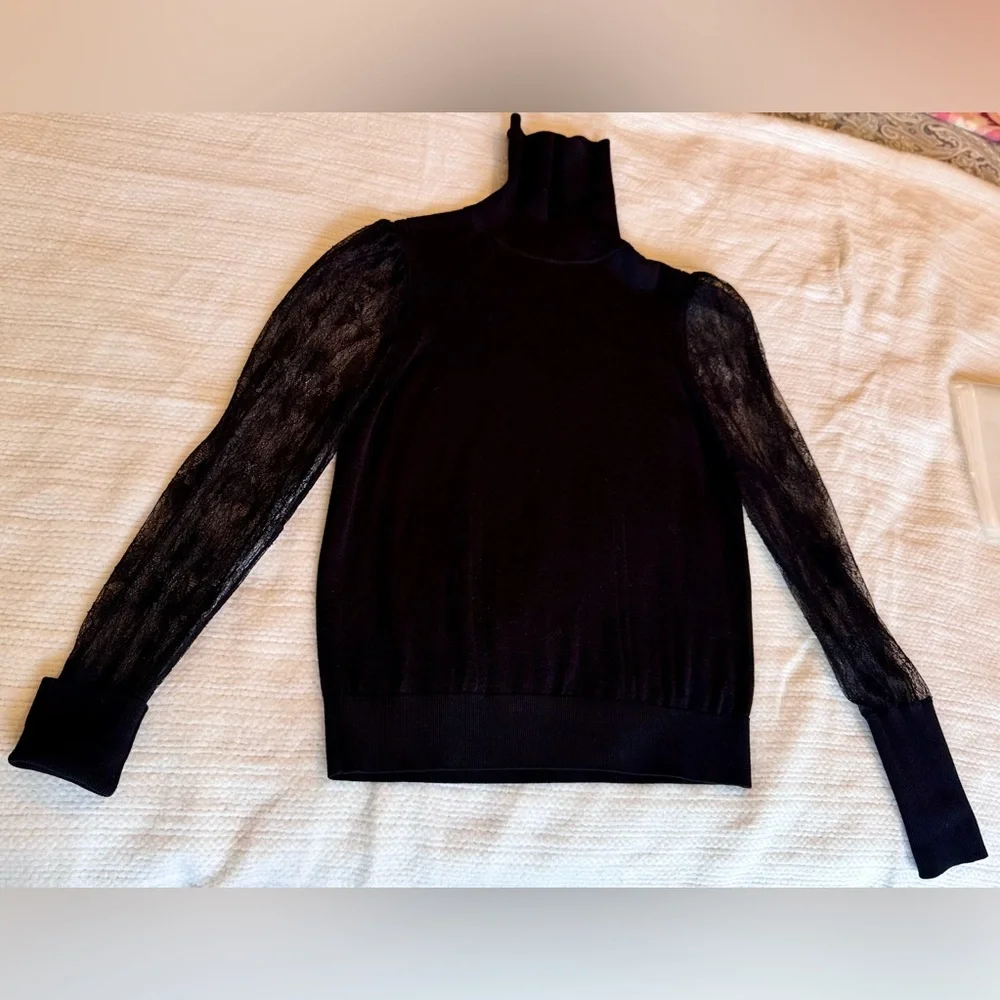 EQUIPMENT Femme Black Wool Silk Turtleneck Sweater Sheer Lace Sleeves Long Cuffs